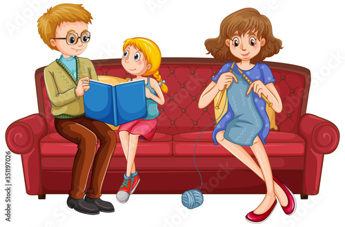 Father reading story to little girl and mother knitting