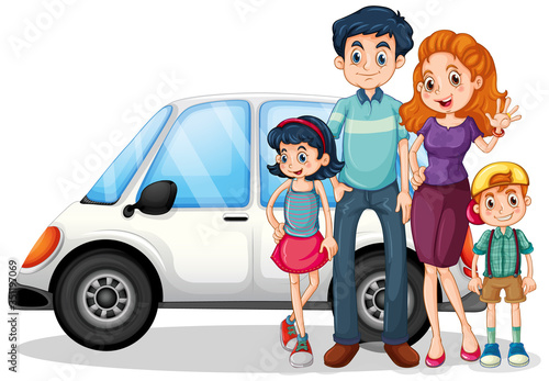 Happy family in front of car