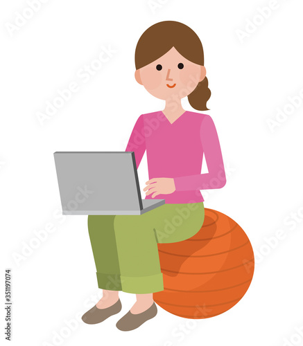 バランスボール　仕事をする女性　01　イラスト