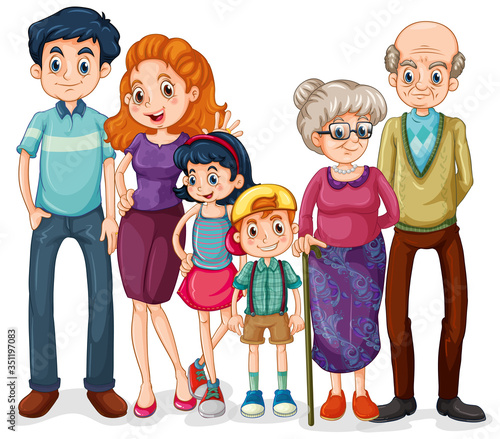 Family members with parents and kids on white background
