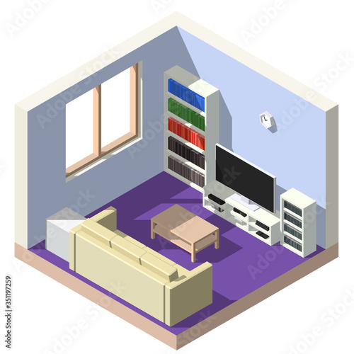 Vector isometric gaming room. Interior design of living room. © Stan