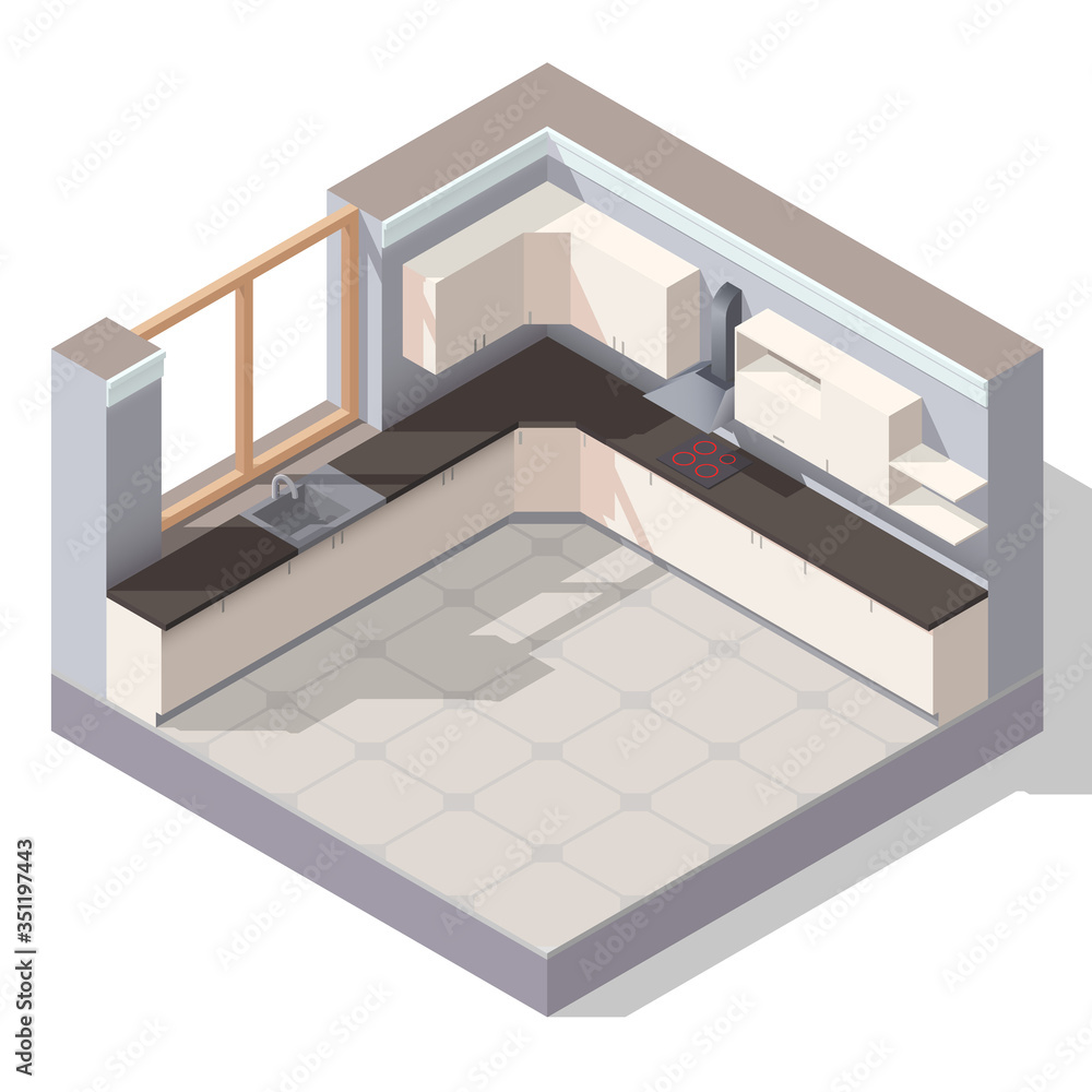 Fototapeta premium Vector isometric kitchen room. Kitchen design illustration.