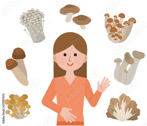 きのこ　菌活　女性　イラスト