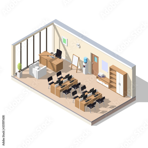 Isometric low poly office. Illustration of office room includes desks, computers, water cooler, furniture.