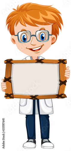 Blank sign template with cute boy on white background