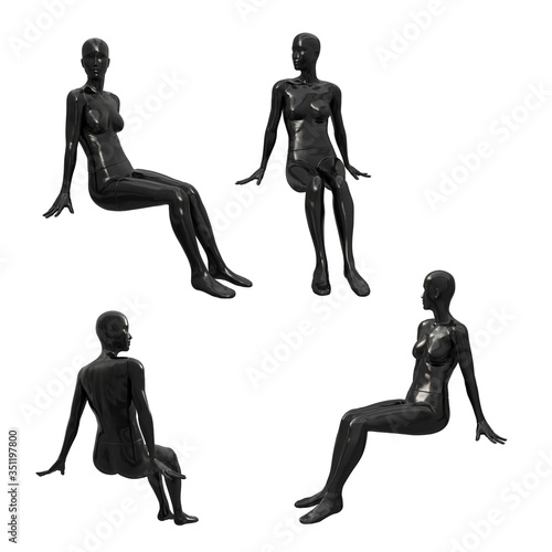 Female plastic black mannequin for clothes in a sitting pose. Front, back, side view. Shop window decoration. Set of 3d illustrations isolated on white background. © StudioIlanP