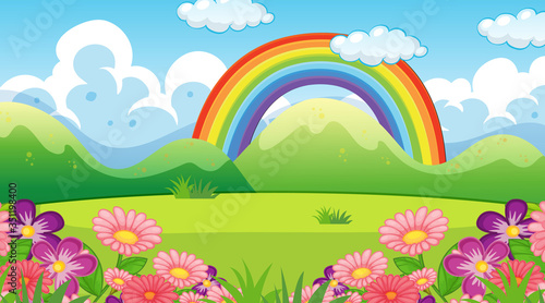 Nature scene background with rainbow and flowers in garden © GraphicsRF