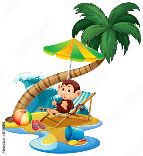 Scene with monkey sitting on the beach on white background