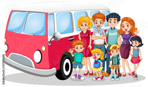 Happy family in front of car