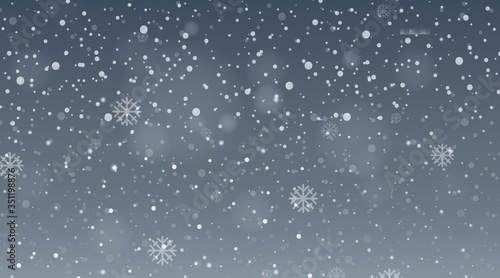 Background design template with snow falling in gray sky