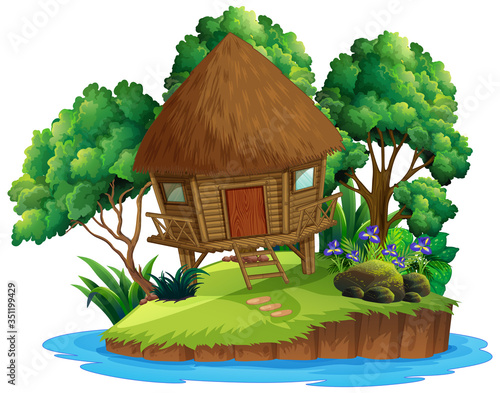 Wooden cottege on island