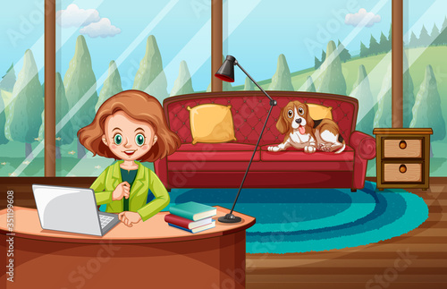 Scene with woman working on computer at home