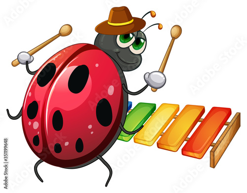 Ladybug playing xylophone on white background