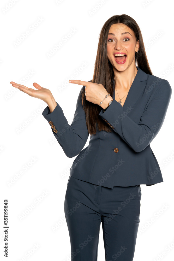 Young happy advertizing business woman in jacket Young happy advertizing business woman in jacket