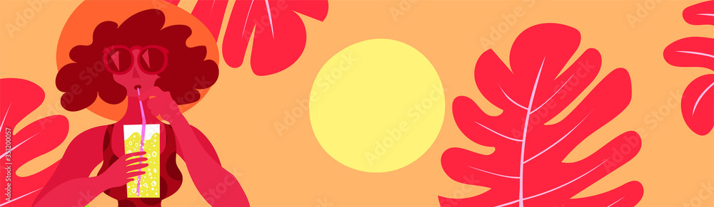 Summer Girl Drinking Fresh Drink Vector Banner Summer Girl Drinking Fresh Drink Vector Banner