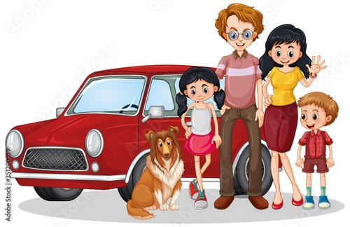 Happy family in front of car