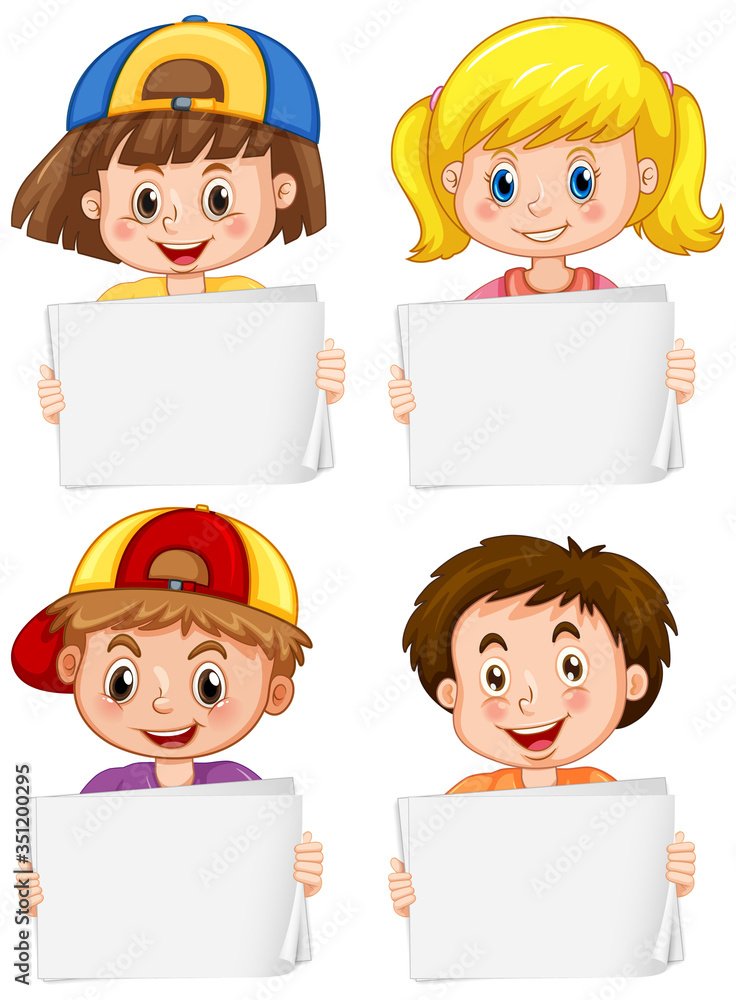 Blank sign template with happy children on white background Blank sign template with happy children on white background