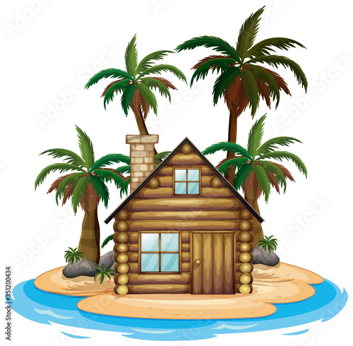 Scene with wooden hut on the beach on white background
