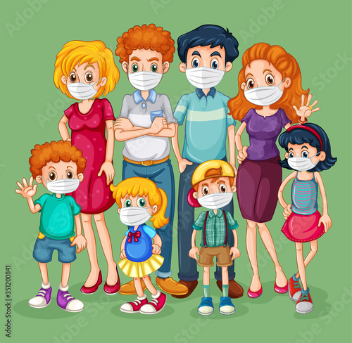 Group of family member characters wearing mask