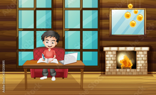 Scene with boy working on homework at home