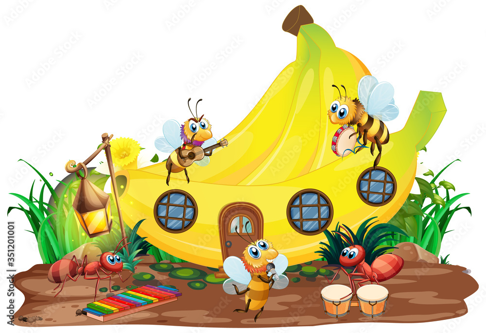 Naklejka premium Insect musical band playing in front of banana house