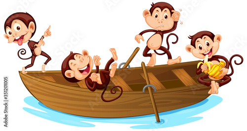 Four monkey playing on the boat