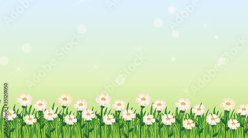 Background design template with green grass and flowers
