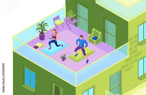 Man and woman doing physical fitness exercise on the balcony of an apartment building, isometric 3d vector illustration with sport training, healthy lifestyle concept