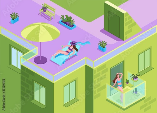 Girl in bikini sunbathing on the roof of residential building during quarantine time, woman getting a suntan at the balcony of apartment house, stay home and safe concept, 3d isometric illustration