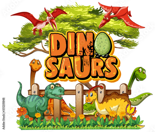 Photography Font design for word dinosaurs with many dinosaurs in the park