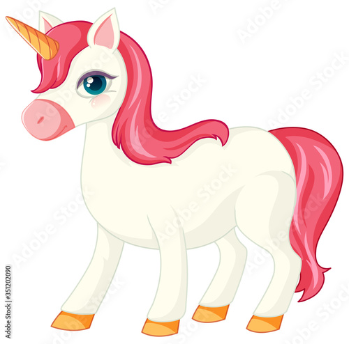 Cute pink unicorn in normal standing position on white background