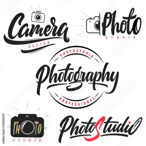 Set of lettering and calligraphy logo photo studio, camera, photography!Labels,badges and design elements!