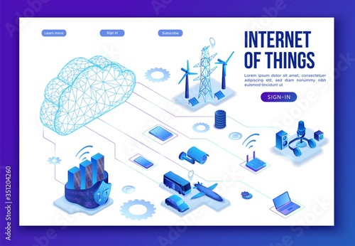 Internet of things infographic illustration, neon blue isometric 3d concept with smart technology, globe glowing icon, computer network with night glowing background