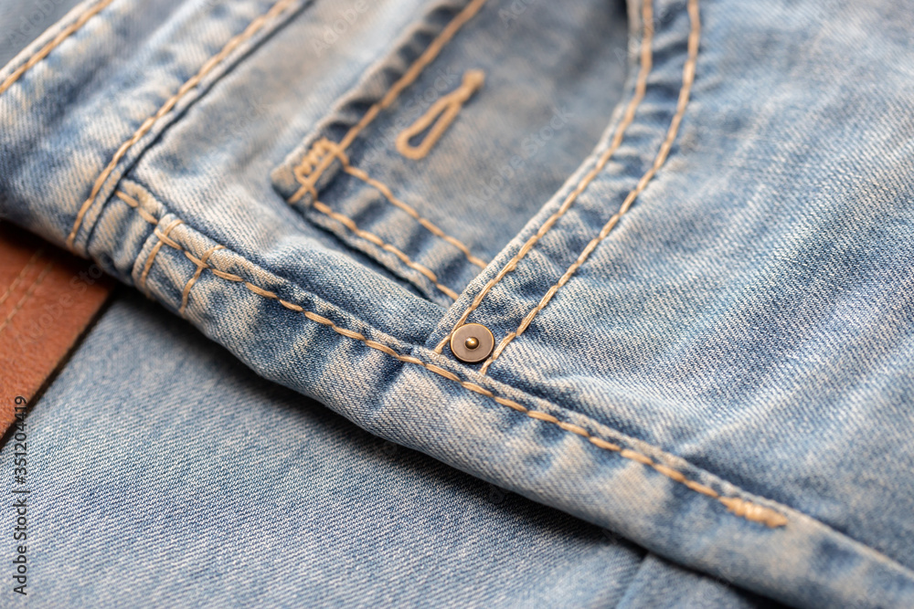 Close-up of blue denim texture. Denim jeans background
