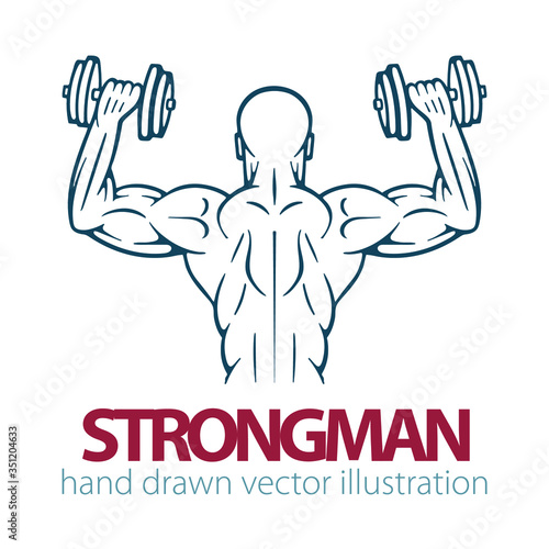 Muscular bodybuilder with dumbbells.  Strong male body hand drawn vector illustration. Bodybuilder power torso back view. Part of set. 