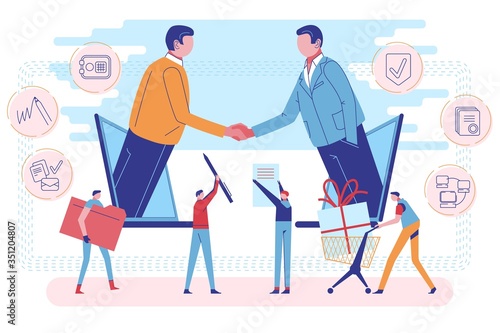 Digital influencer marketing. Referral program to refer friend. Business people partners on laptop screen handshaking, signing contract, exchanging information gift. Internet promotion strategy