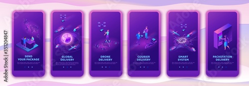 Isometric delivery service with truck at warehouse, mobile app template set, smart logistics company illustration, shipment by plane, car, by postal drone, people receive parcel at packstation