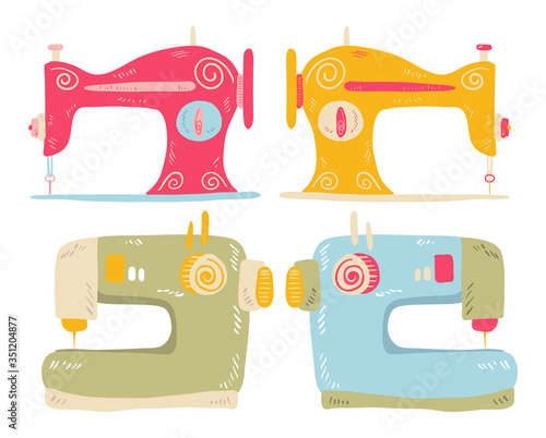 Set of hand drawn colorful sewing machines, vector illustrations