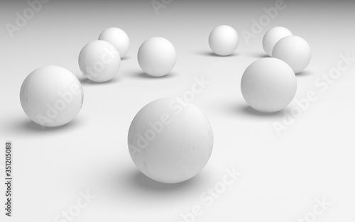 White abstract background. Set of white balls isolated on white backdrop. 3D illustration