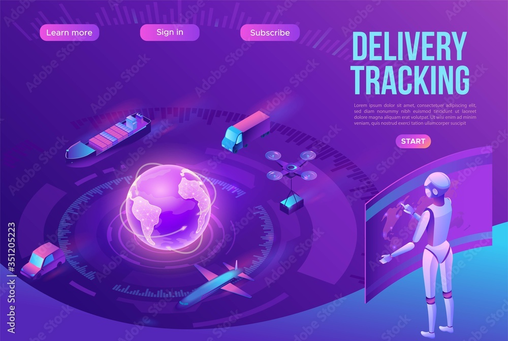 Fototapeta premium Isometric delivery service with truck, smart logistics company illustration, artificial intelligence managing transport system, robot watching screen with map, airplane, car, landing page template