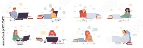 People working, studying on laptop sitting at table at home, in office scene set. Man woman freelancers, employee worker, executive manager, student, businesspeople. Online education, remote job