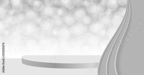 3d pedestal stage on silver grey bokeh and curtain, stage podium gray with curtains for cosmetics product display show, pedestal stand deluxe for backdrop, stage pedestal for award and success concept