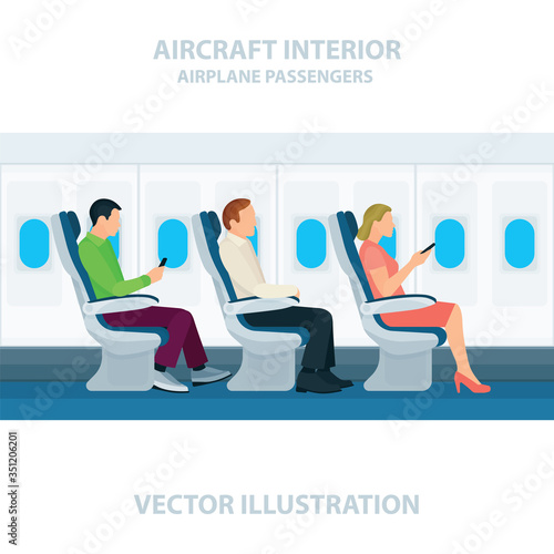 Airplane passengers. Airplane seats. Passenger cabin. Aircraft interior. Part of set.