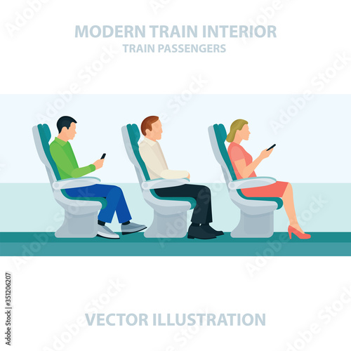 Passengers in train seats. Train cabin interior. Part of set. 