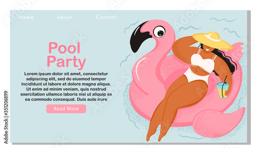 Pool party advertising web page concept. Beautiful girl in hat with cocktail floating on inflatable flamingo ring. Summer landing page template. Vector
