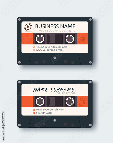 Corporate business card. Personal name card design template. vector illustration. Front and back page. Retro cassettes. Vintage 1980s music tape image