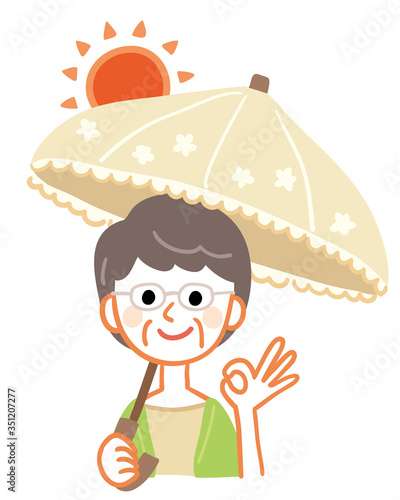 Illustration of an elderly woman with a parasol