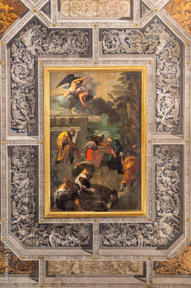 FERRARA, ITALY - JANUARY 30, 2020: The Visitation scene - paint on the ceiling of  in church Chiesa di Santa Maria in Vado by Carlo Bononi (1569 - 1632).