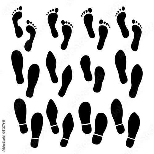 Footprints human shoes silhouette, vector set, isolated on white background. Vector illustration