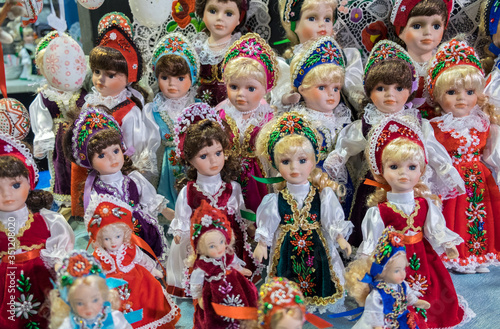Traditional Hungarian souvenir dolls at gift store. Great Market Hall - food market in Budapest